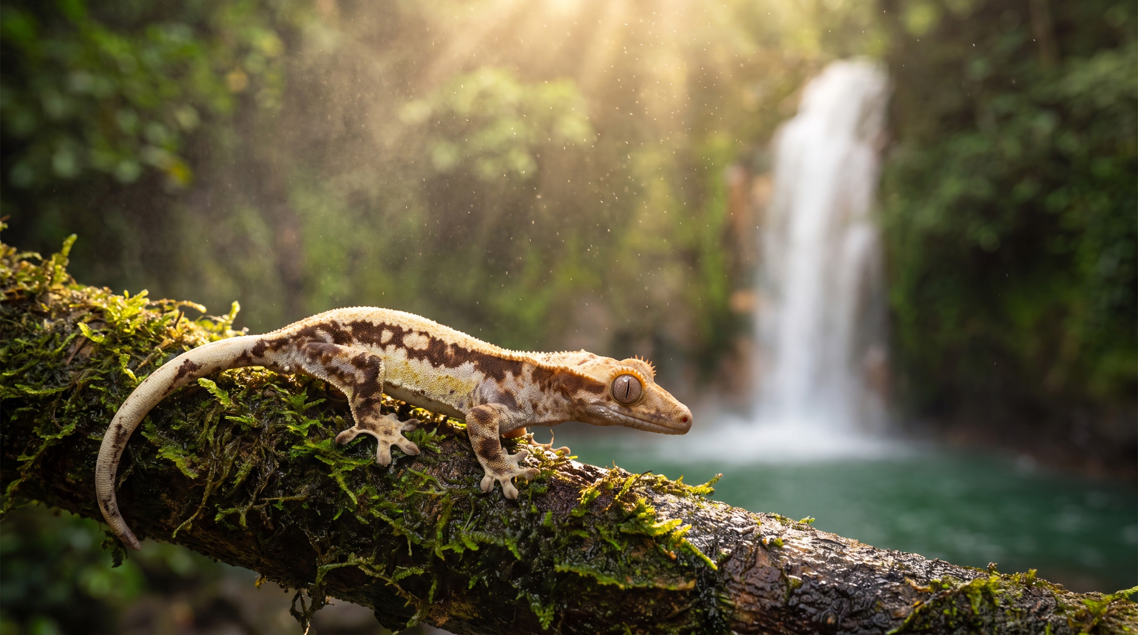 Tricolor lilywhite crested gecko on a mossy branch above a rainforest waterfall