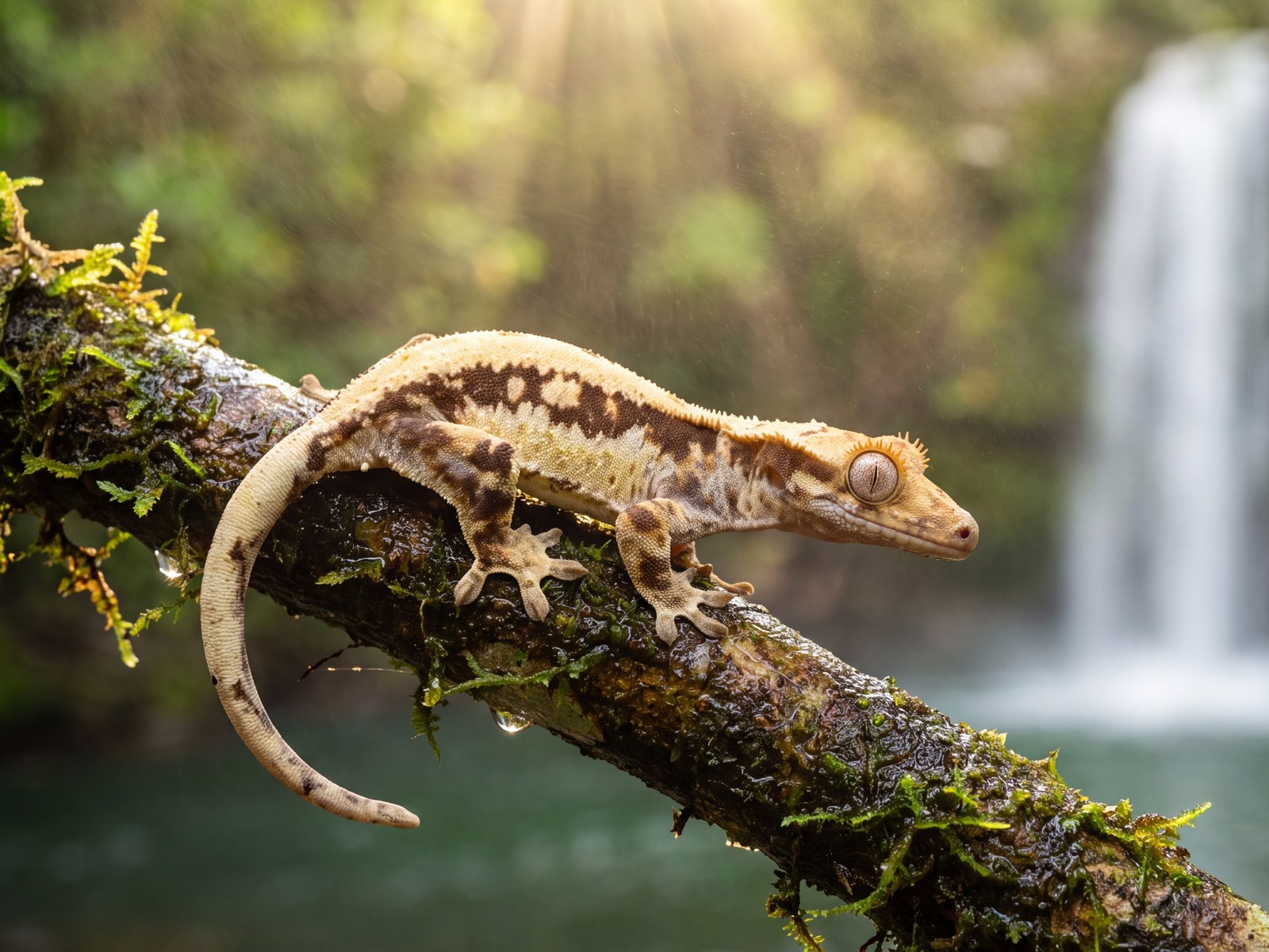 Tricolor lilywhite crested gecko on a mossy branch in the rainforest